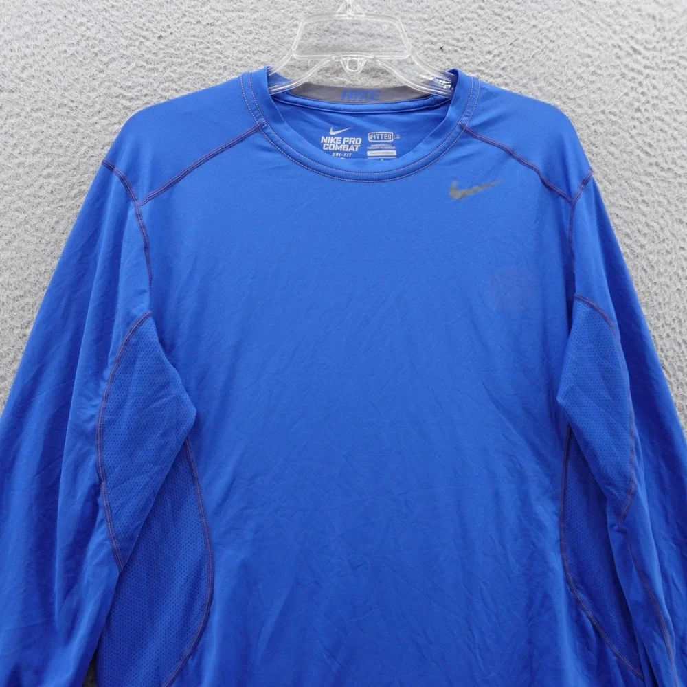 Nike Pro Combat Mens Long Sleeve Dri Fit T Shirt Large Blue Crew Neck Athletic‎